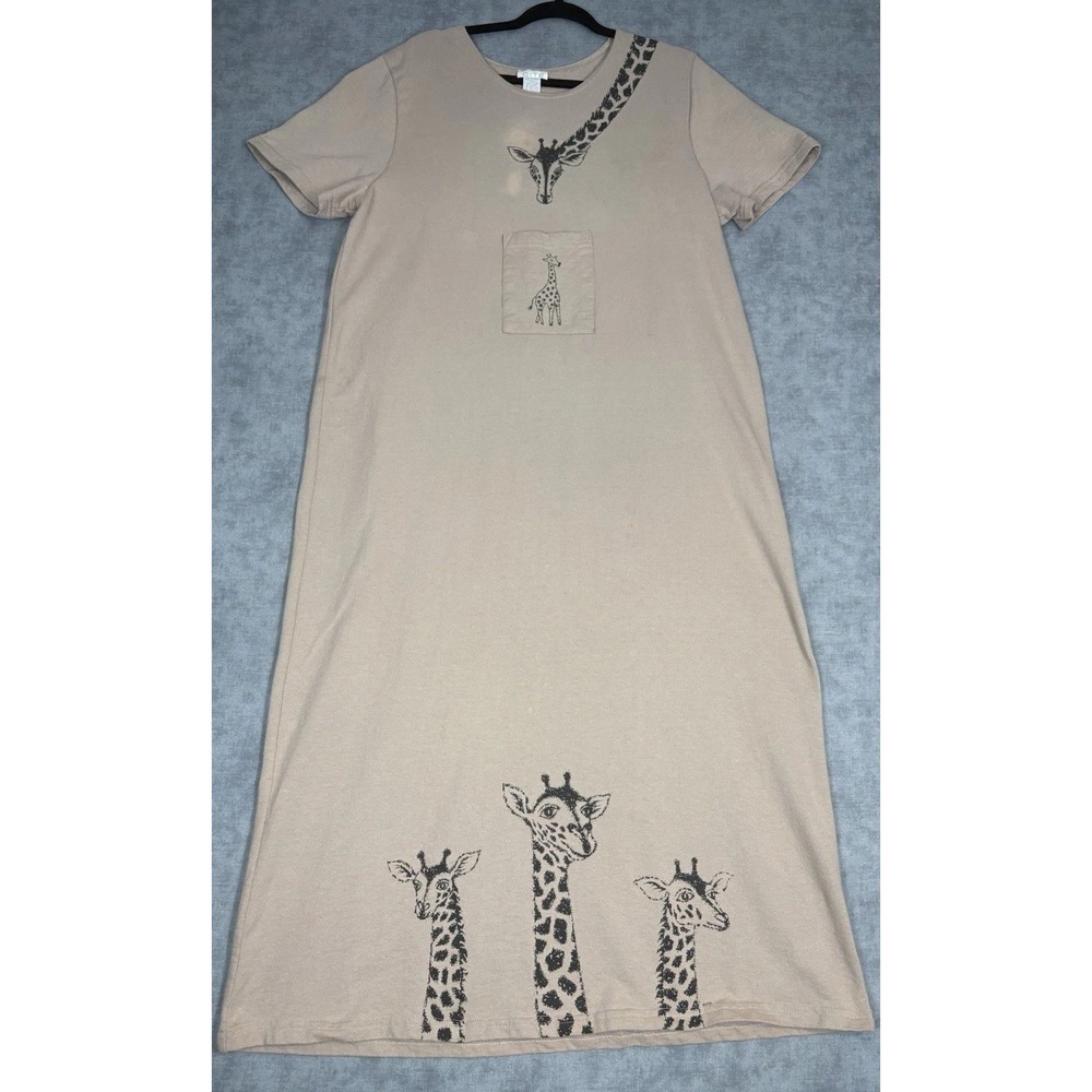 Vintage 80s CITE Giraffe Maxi T Shirt Dress Women L USA Cotton Safari Pocket